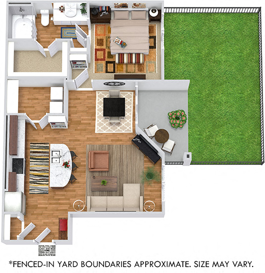Floor plan for 1 bed, 1 bath, 785 sqft